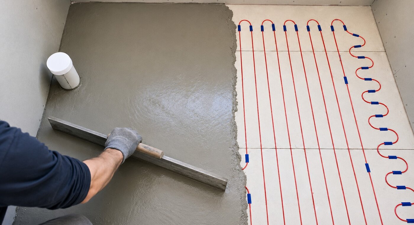 Installer floating a concrete screed over an electric underfloor heating cable installation